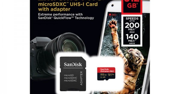 SanDisk 512GB Extreme Pro UHS-I microSDXC Memory Card with SanDisk 512GB Extreme Pro UHS-I microSDXC Memory Card with